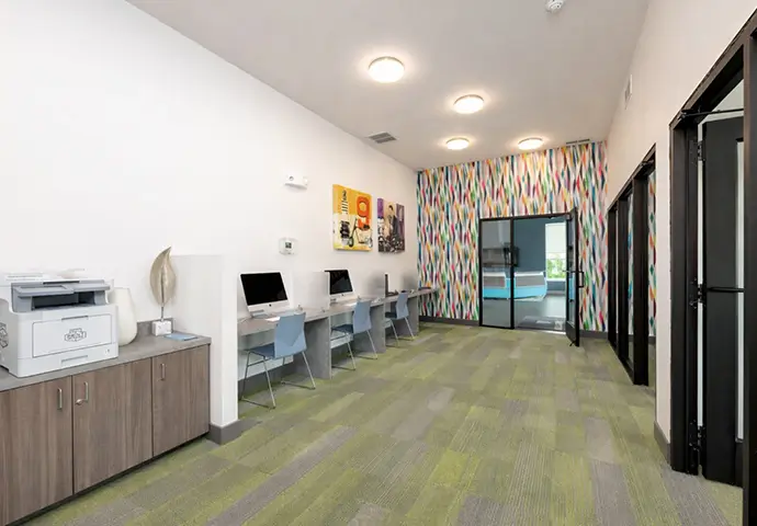 business center with multiple computer work stations